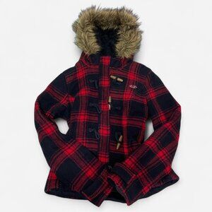 Y2K Red Plaid and Faux Fur Trim Hollister Jacket